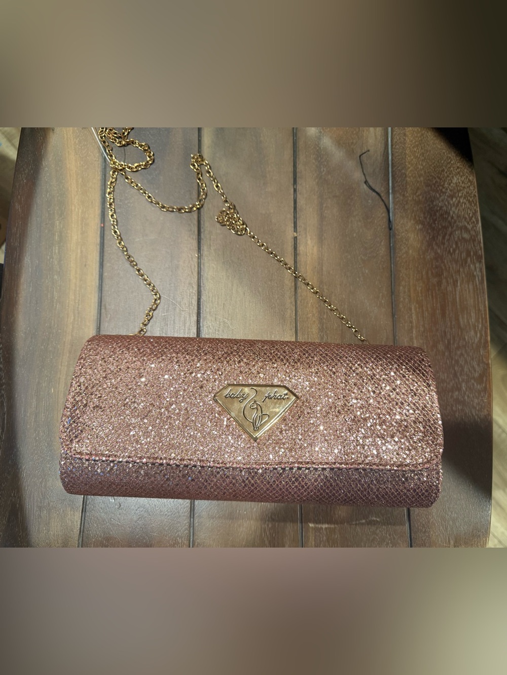 Baby Phat rose gold glitter clutch with gold chain